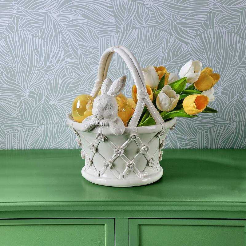 11" Resin Floral Basket With Bunny