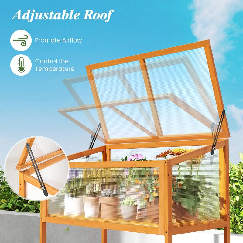 Gymax Wood Cold Frame Greenhouse w/Transparent Openable Roof & Slatted