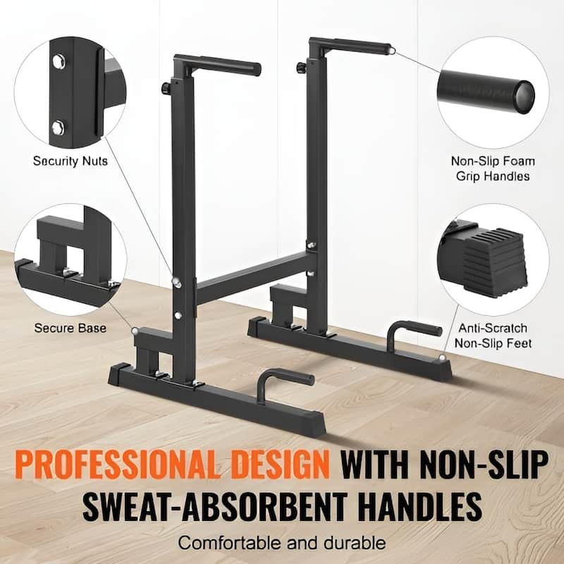 Black Steel Adjustable Dip Bar 500 lbs Home Gym Workout Station - 29.5" x 28" x 51.6"