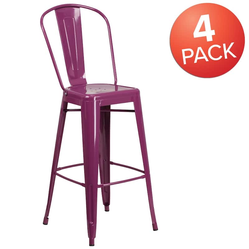 4 Pack 30" High Metal Indoor-Outdoor Barstool with Back - Kitchen Furniture - Purple
