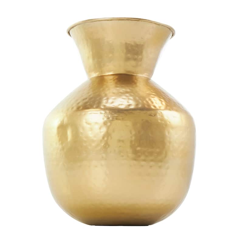 Gold Metal Hammered Spotted Decorative Vase with Fluted Top