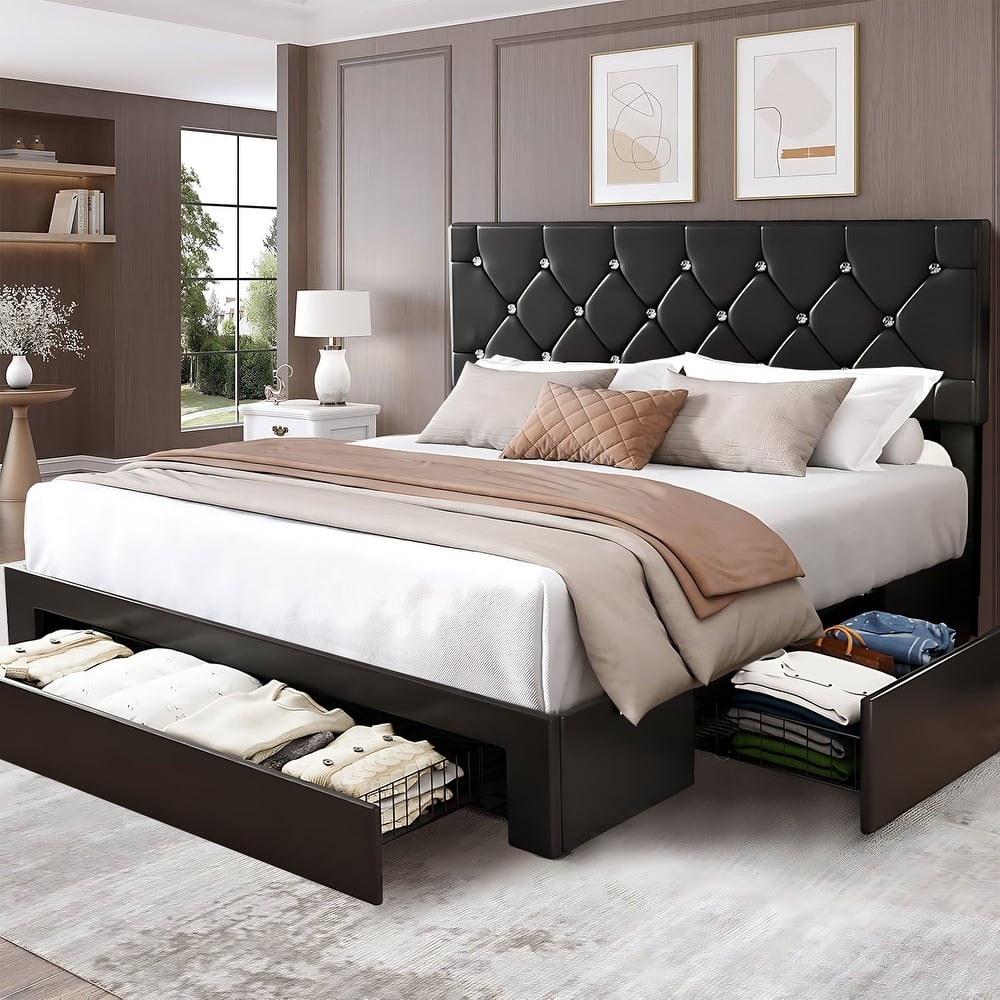 Javlergo Twin/Full/Queen Size Bed Frame with Headboard Upholstered Tufted PU Leather Platform Bed Frame with 4 Storage Drawers