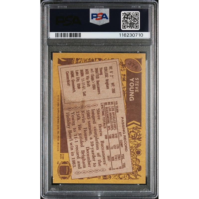Steve Young 1986 Topps Signed Football Rookie Card #374 Auto Graded PSA 10 Cert # 1162307010 - 8' x 11'