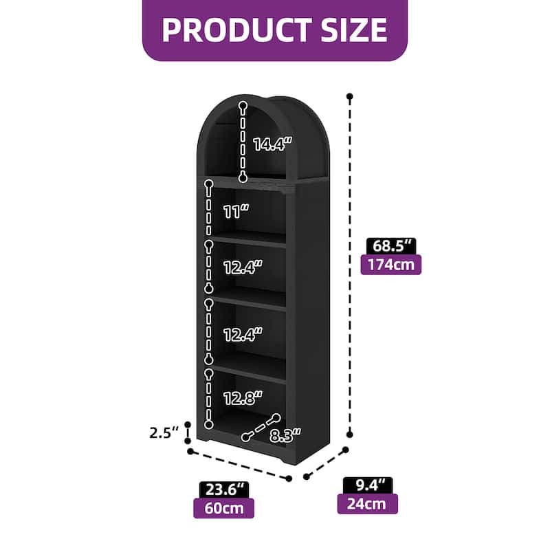 Moasis 68" Arched Bookshelf Open Display Bookcase with Storage Shelves for Living Room