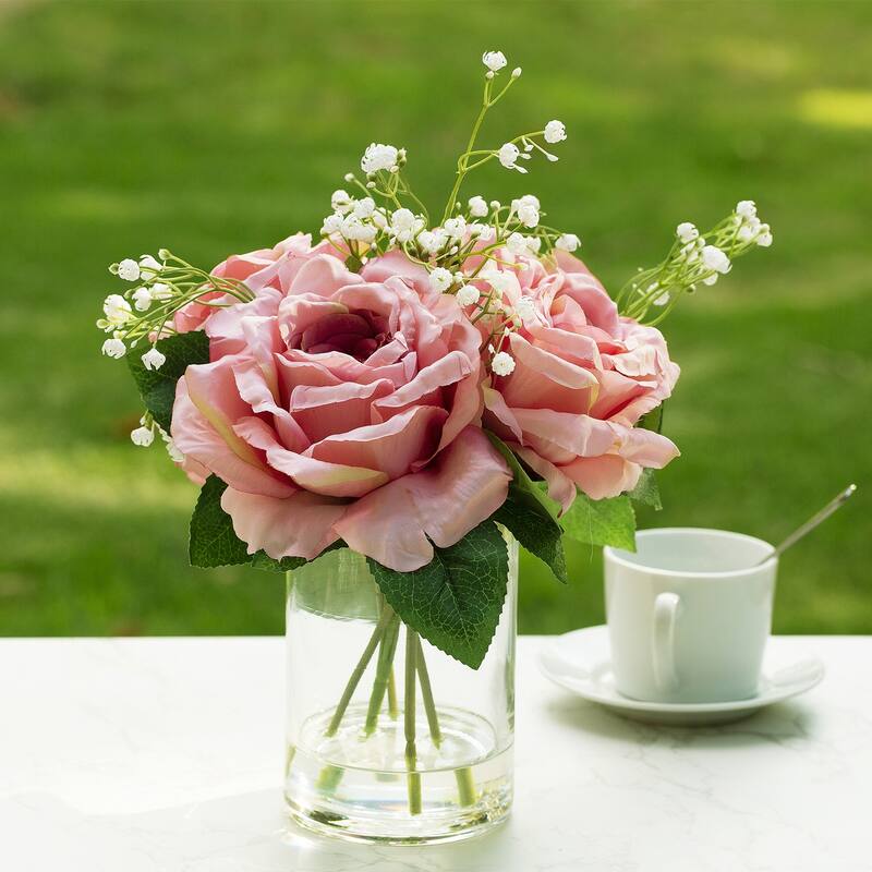 Enova Home 4 Large Silk Rose Flowers in Clear Glass Vase with Faux Water for Home Office Decoration - Fuchsia