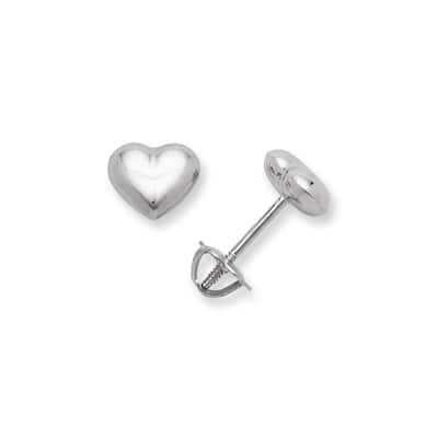 14k White Gold Puffed Heart Screw-back Earrings