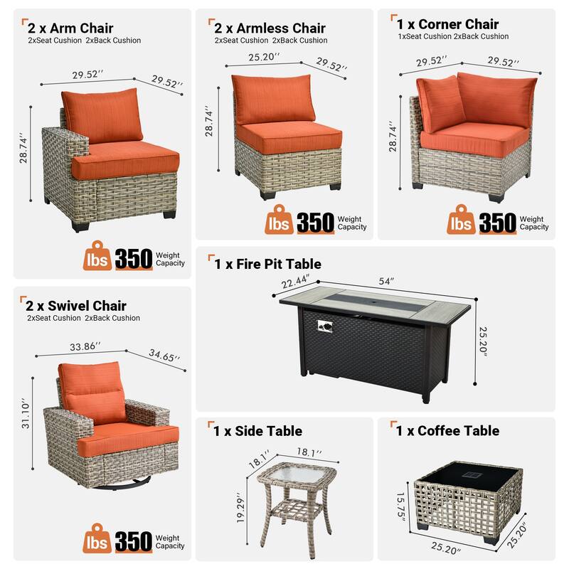 OVIOS 10 Pieces T shaped Seat Wide Armrest Swivel Chair Set With Solar-Powered Table&Fire Pit