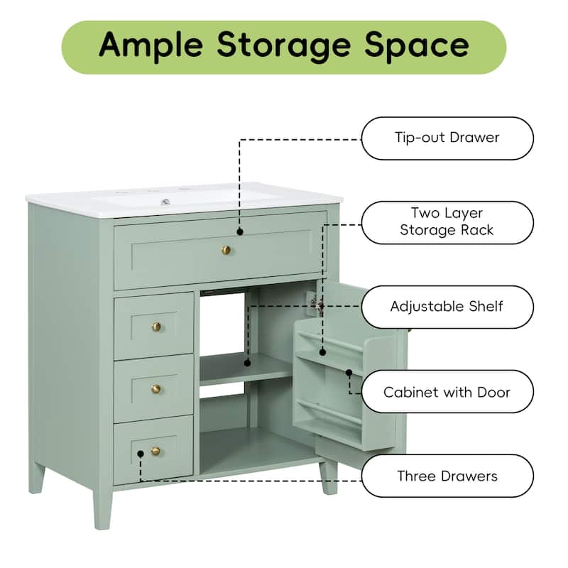 30-Inch Bathroom Vanity with Sink, Modern MDF and Rubberwood Cabinet with 3 Drawers and Adjustable Shelf, Freestanding