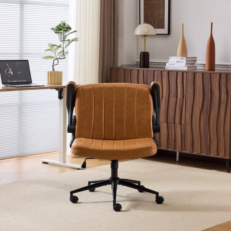 Oil-Waxed Leather Swivel Chair With Flip-Up Armrests