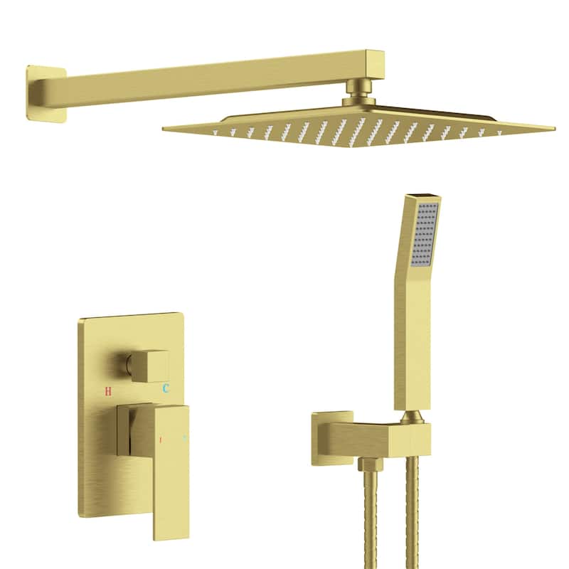 Wall Mount Shower Faucet With Rough-in Valve, Complete Shower System Wth Handheld Shower 10 inch Rain Shower Head Brushed Gold - Brushed Gold