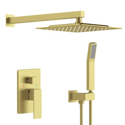 Wall Mount Shower Faucet With Rough-in Valve, Complete Shower System Wth Handheld Shower 10 inch Rain Shower Head Brushed Gold