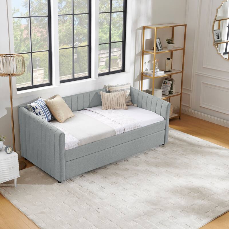 Twin/Full Size Daybed with Trundle, Upholstered Sofa Bed with Vertical Stripes, Linen Fabric, Comfortable Seating for Bedroom