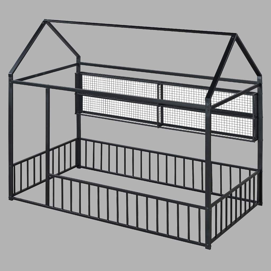 Twin Metal House Bed with Fence and 4 Shelves, Cozy Bedroom Design