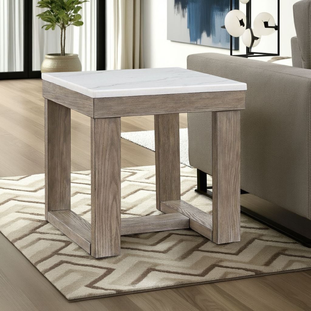 Aska Side End Table, Block Profile, Marble, 24 Inch Taupe Gray Wood