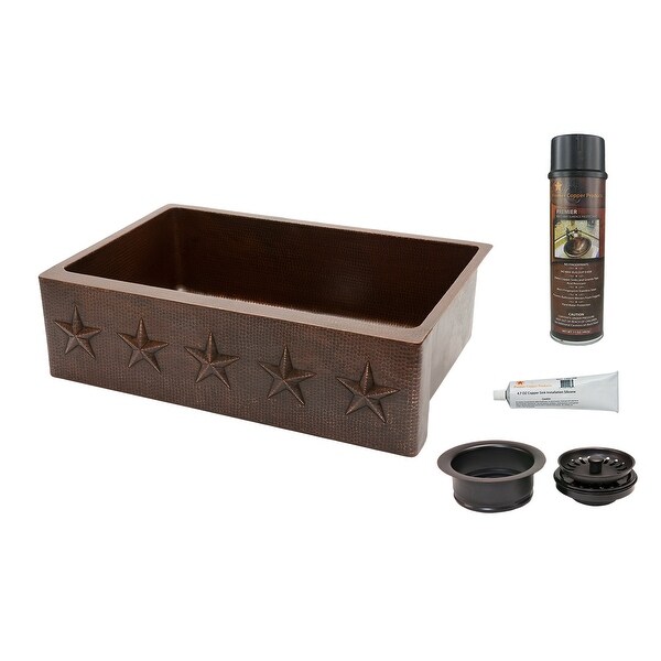 Premier Copper Products KSP3_KASDB33229ST 33" Single Basin Farmhouse 14-Gauge Copper Kitchen Sink with Matching Drain and