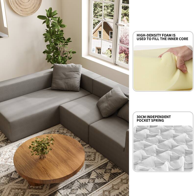 Corduroy Chaise Sectional Couch Convertible into Sleeper Sofa Bed, Deep Seating Modular Compression Sofa for Living Room