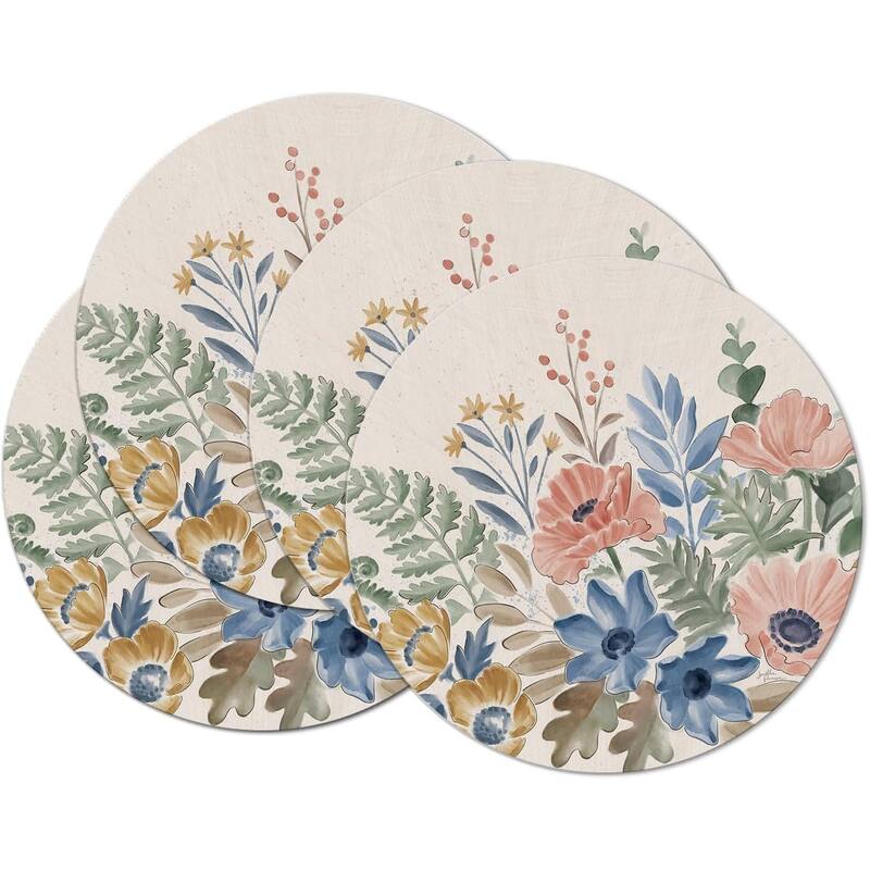 Botanical Blends 4 Pack Round Reversible Easy Care Flexible Plastic Placemats Made in The USA Reversible Flexible, Wipes Clean - Multi - Set of 4
