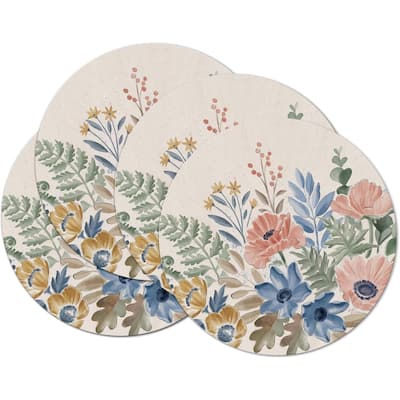 Botanical Blends 4 Pack Round Reversible Easy Care Flexible Plastic Placemats Made in The USA Reversible Flexible, Wipes Clean