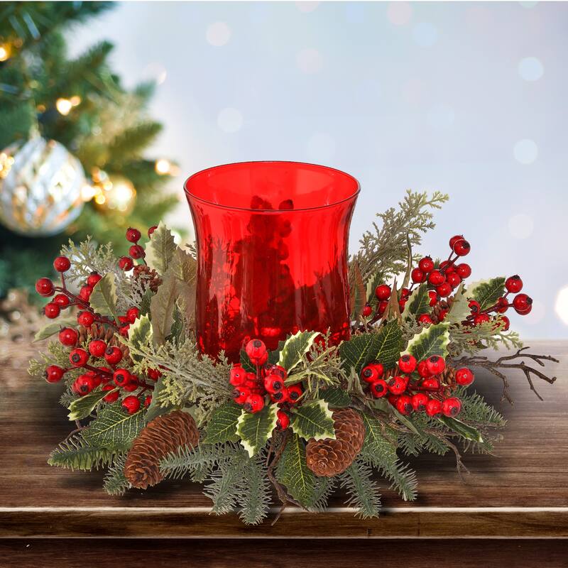 16"Spruce/Cedar/Holly Wpberry Glass Cand/Hldr - 16"