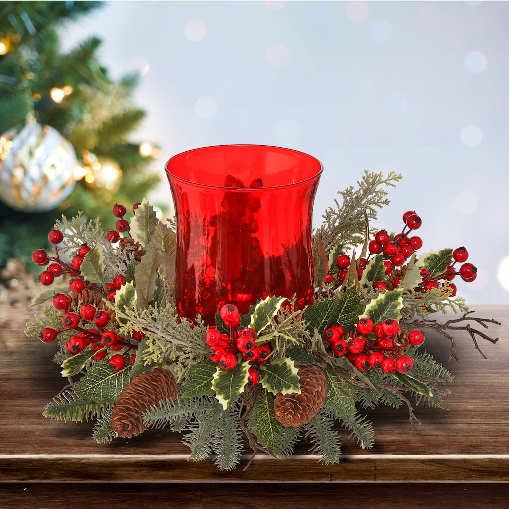 16"Spruce/Cedar/Holly Wpberry Glass Cand/Hldr - 16"