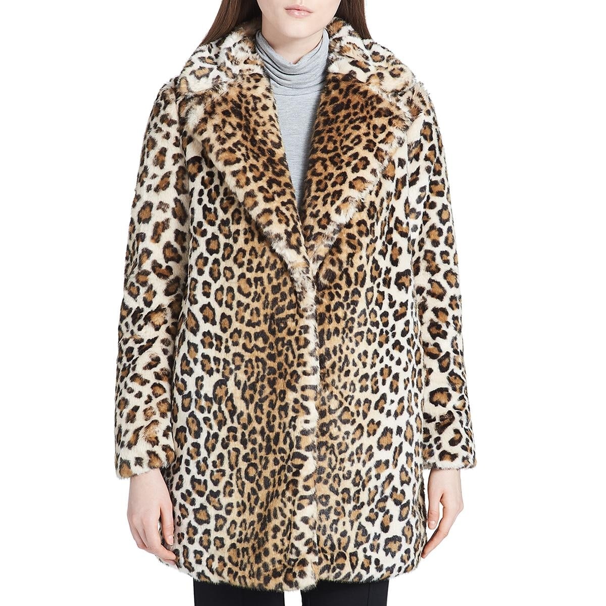 calvin klein faux fur leopard coat
