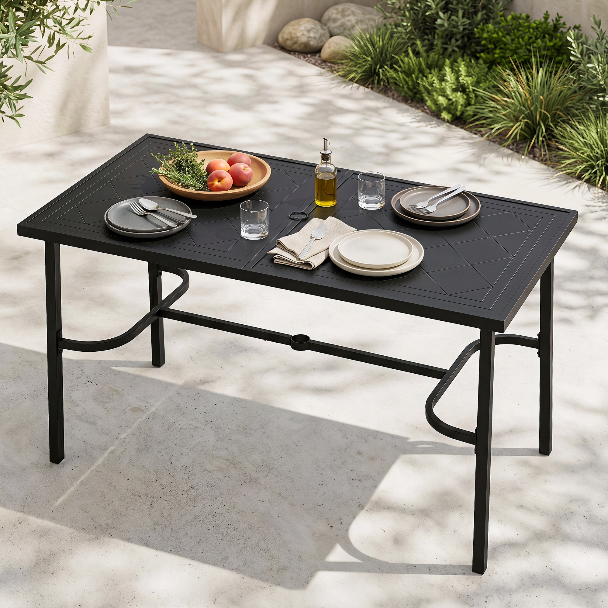 Nuu Garden Metal Rectangular Outdoor Bar Table with Diamond-Patterned Tabletop