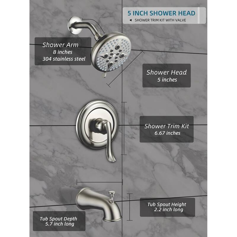 Complete Shower System with Tub Shower Faucet Set 5in Head Matte Black