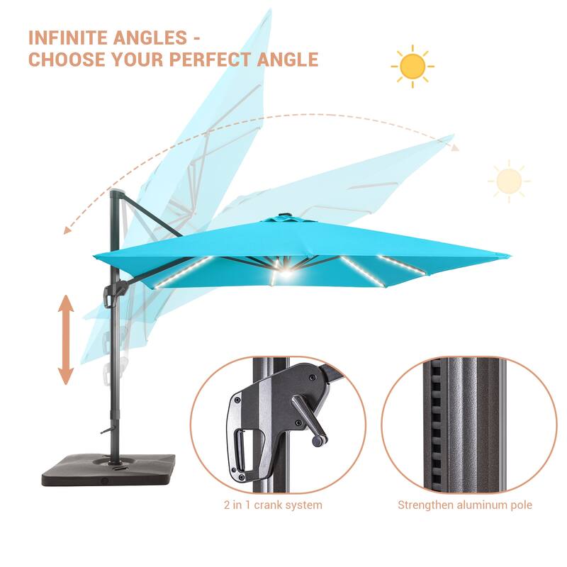 LIVOOSUN Patio10x10FT LED Aluminum Cantilever Umbrella Solution-Dyed Fabric w/Base