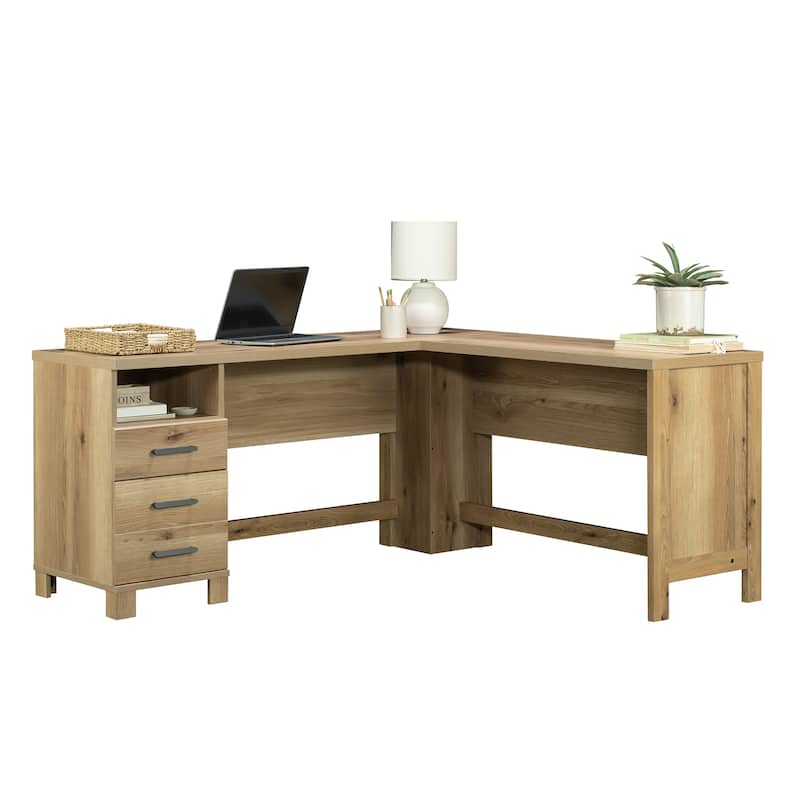 Wood L-Shaped Desk with Small Drawer, Brown