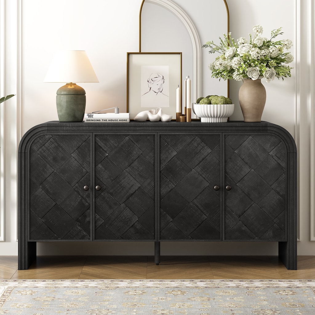 Luxury Multi-Functional MDF Sideboard- Woven Wood Slat Doors, Tiered Stepped Design & Premium Solid Wood Veneer