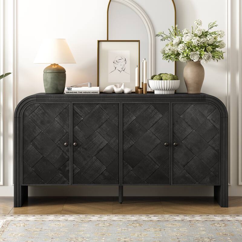 Versatile Console Table Sideboard with Woven Design Wood Doors and Solid Wood Veneer,Buffet Sideboard