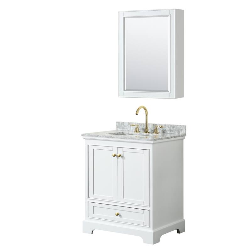 Deborah 30-inch Single Vanity, Square Sink, Medicine Cabinet - White, Gold Trim, White Carrara Marble Top