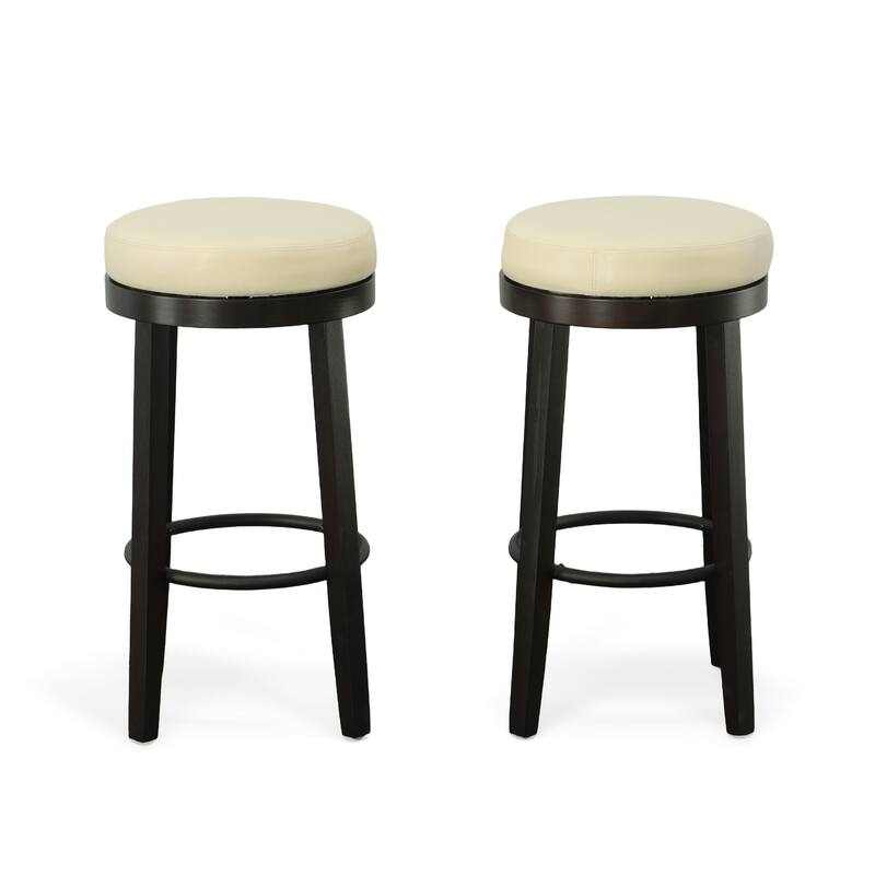 HomeRoots Set of Two 30" Cream And Espresso Faux Leather And Solid Wood Swivel Backless Bar Height Bar Chairs