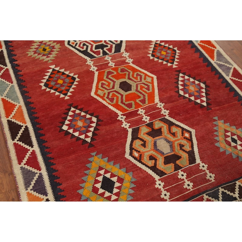 Kilim Qashqai Persian Vintage Rug Hand-Knotted Red Wool Carpet - 4'2"x 7'11"