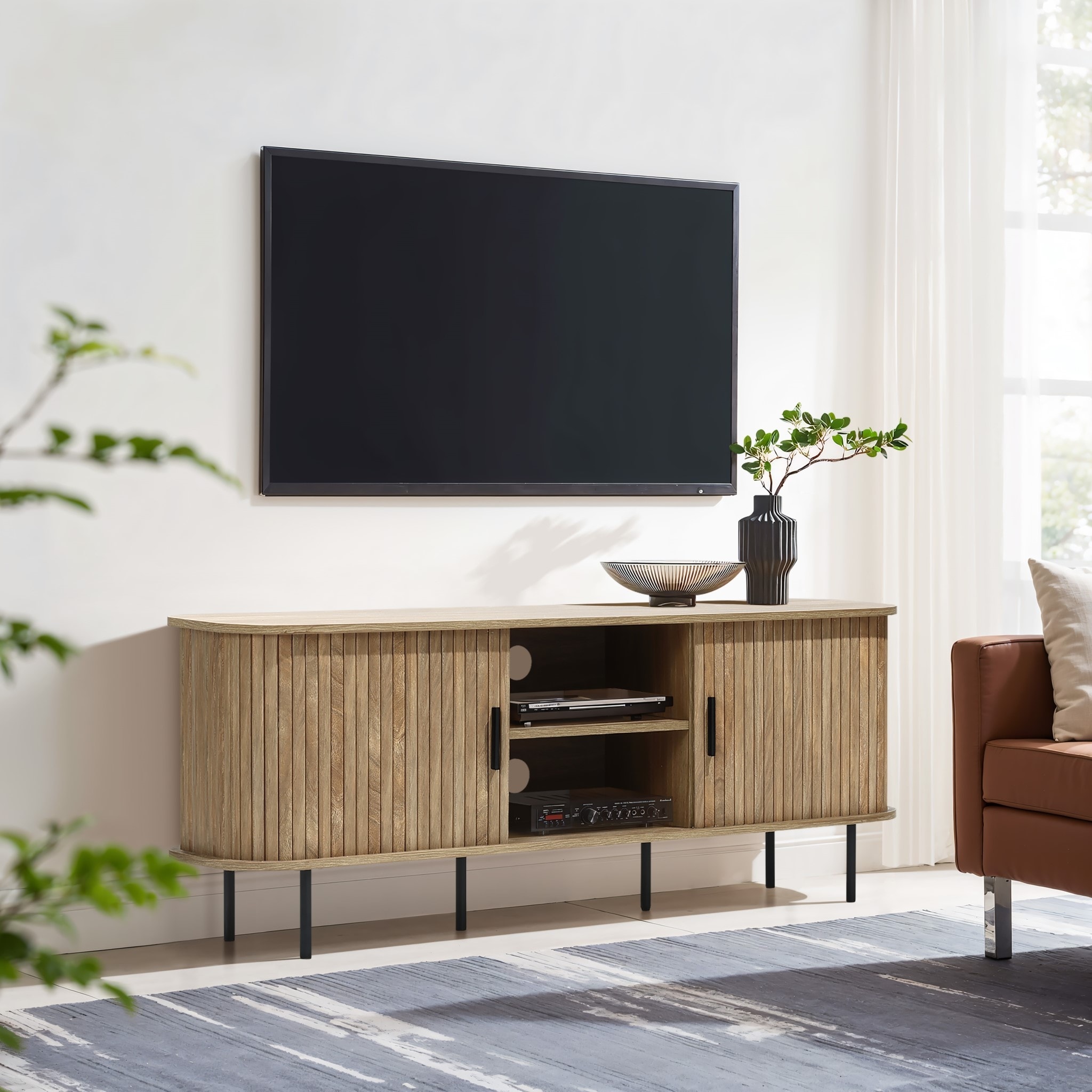 Mid Century Modern 2 Door 55.1 Inch Wide TV Console with Slatted Slidng Doors 21.7 H x 55.1 W x 15.75 D Bed Bath Beyond 42124524