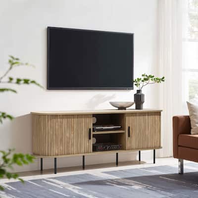 Mid-Century Modern 2-Door 55.1-Inch Wide TV Console with Slatted Slidng Doors - 21.7" H x 55.1" W x 15.75" D