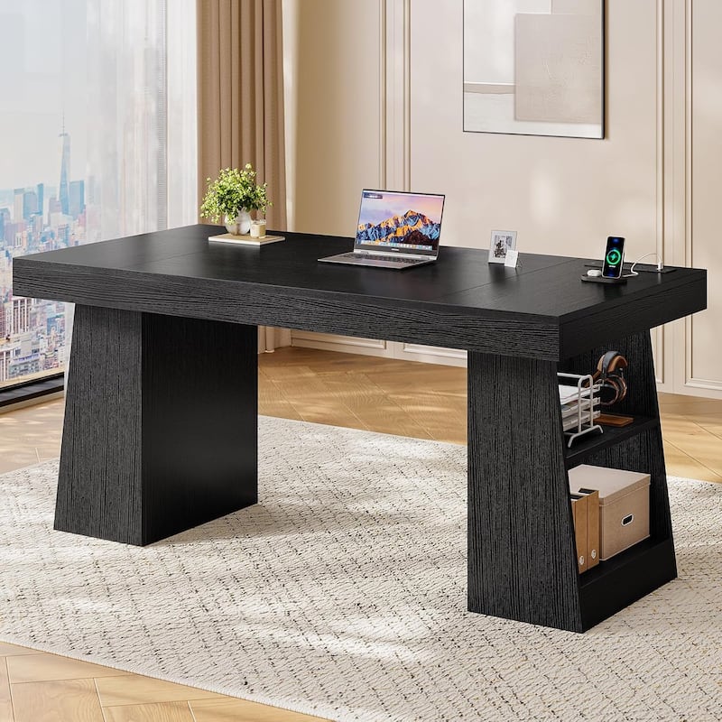 Executive Desk with Power Outlets Home Office Desk Storage Shelves Cabinet - Storage Shelves