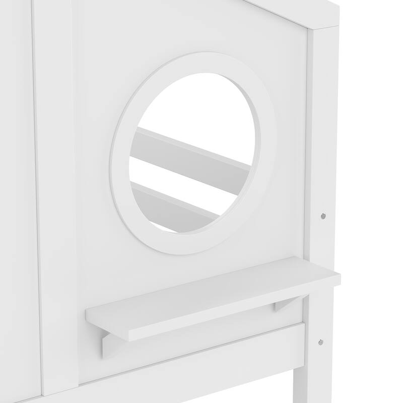 Roomfitters Twin House Bunk Bed with Slide and Storage Shelves, Solid Wood Frame with Window