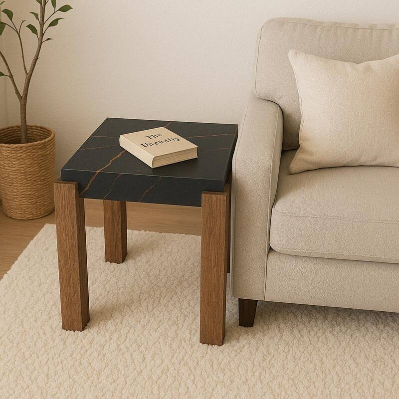 Strata Belmont End Table Marble Inspired Top Wood Legs Modern Decor