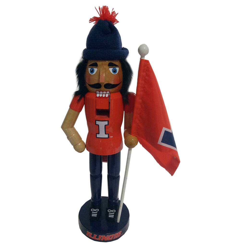 12 inch Illinois Mascot with Flag Nutcracker - blue