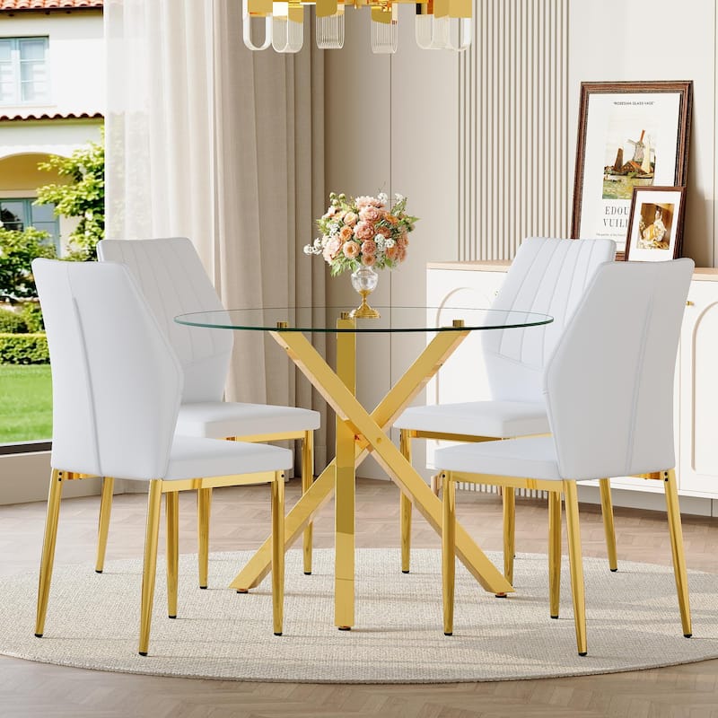 5 Piece Dining Table Set with 39 Inch Round Glass Top X Shaped Metal Base and 4 PU Chairs