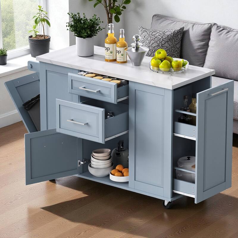 50.7" Rolling Kitchen Island with Tilt Trash Cabinet, Drop Leaf, Pull-Out Organizer, 2 Drawers and 1 Door - Grey Blue