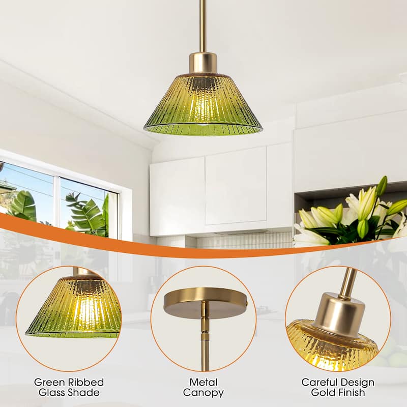 8" Wide Vintage Gold 1-light Green Glass Pendant Light