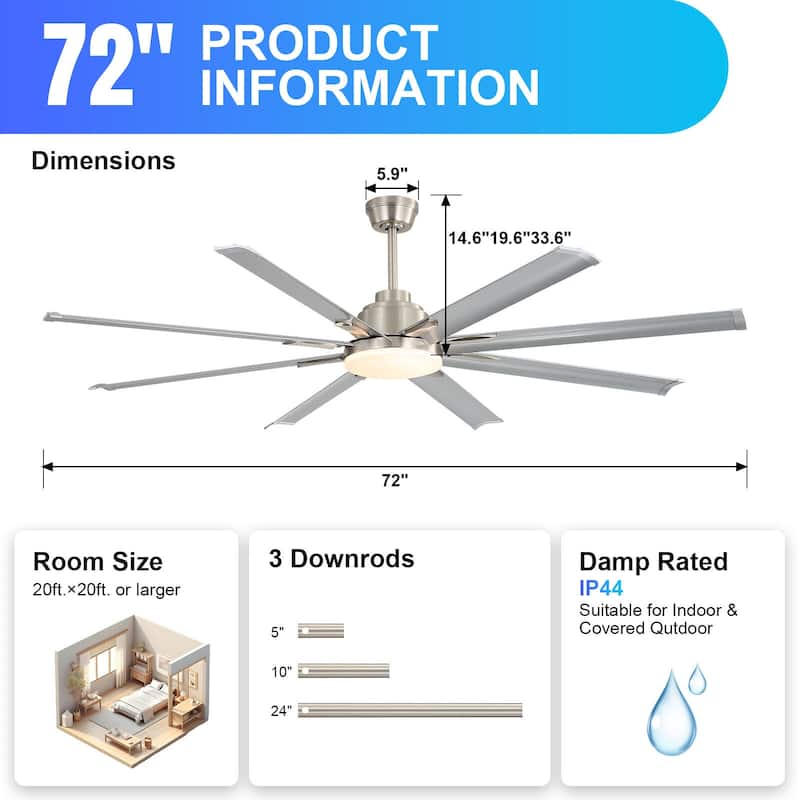 52"/66"/72"/76 Inch Modern Ceiling Fan with Dimmable LED Light ,Remote&APP Control,8 Blades for Large Living Room,Porch