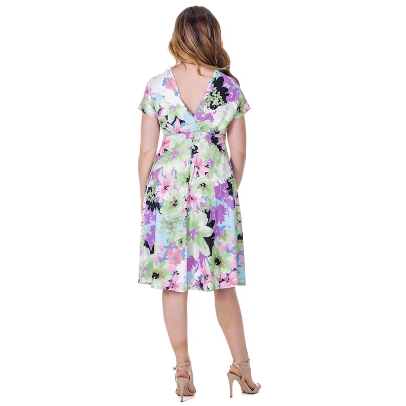 24seven Comfort Apparel Womens Floral Print V Neck Empire Waist Kimono Cap Sleeve Knee Length Dress