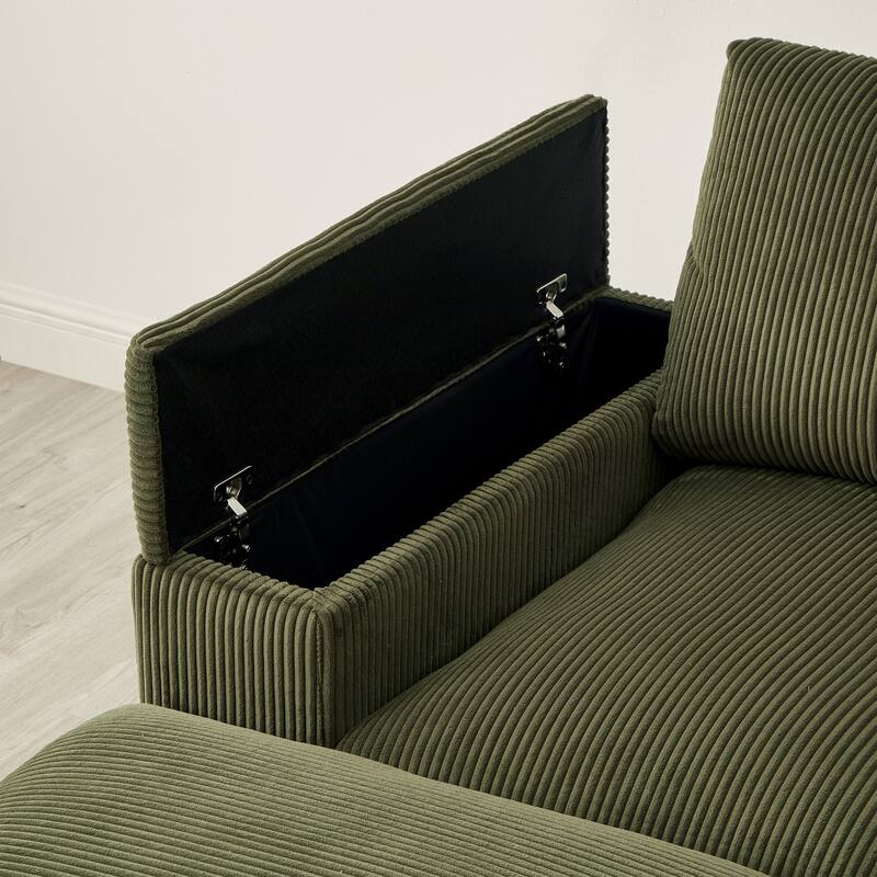 U-shaped corduroy sofa with removable footstool and storage armrests