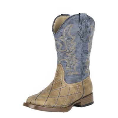 Roper Western Boots Boys Kid Faux Leather Tan Navy 09-018-1900-0080 TA