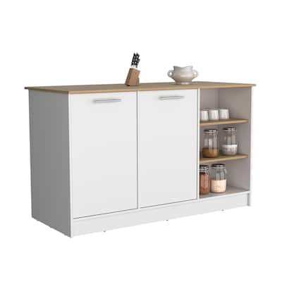 Kitchen Island Two Cabinets, Three Open Shelves, White / Natural Oak