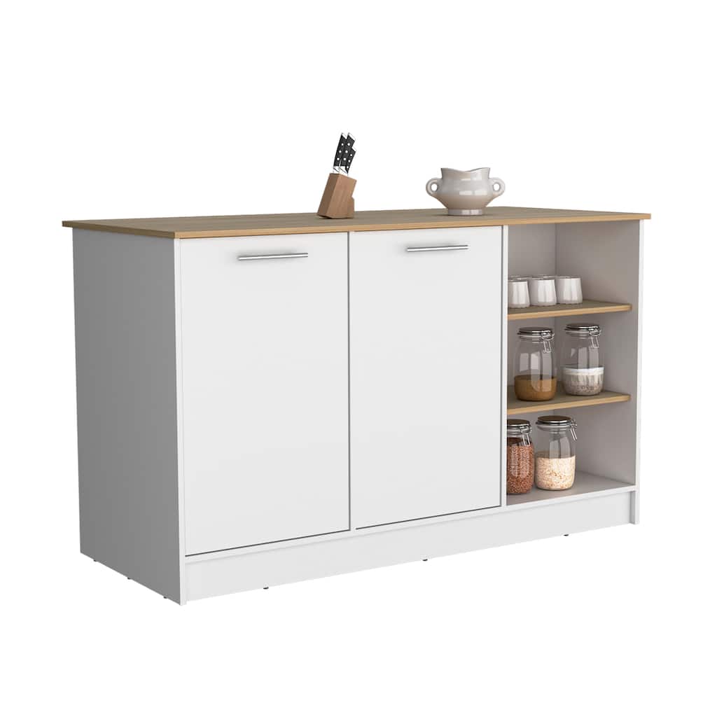 Kitchen Island Two Cabinets, Three Open Shelves, White / Natural Oak