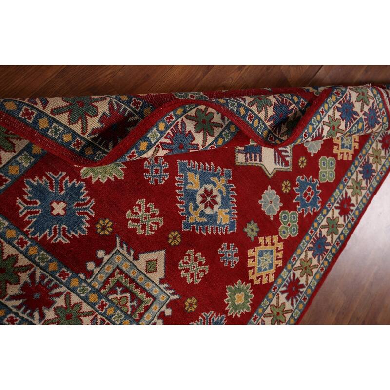 Oriental Kazak Area Rug Hand-Knotted Geometric Red Wool Carpet - 4'0" x 5'8"